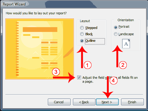 Access 2010 report wizard too many fields