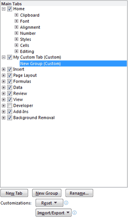 he Main Tabs box with New Group (Custom) selected
