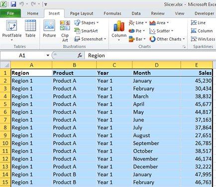 Worksheet with the range selected