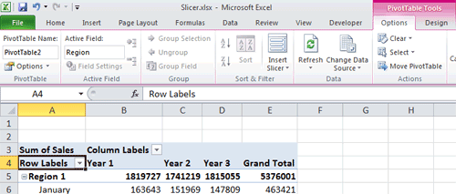 The PivotTable tools activated 