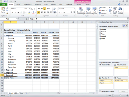 A PivotTable and the PivotTable Field List